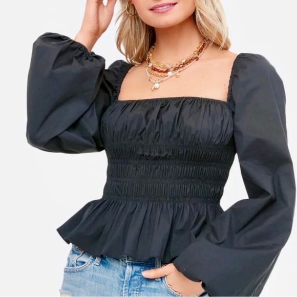 STAUD Tops - STAUD Black Smocked Blouse with Puff Sleeves